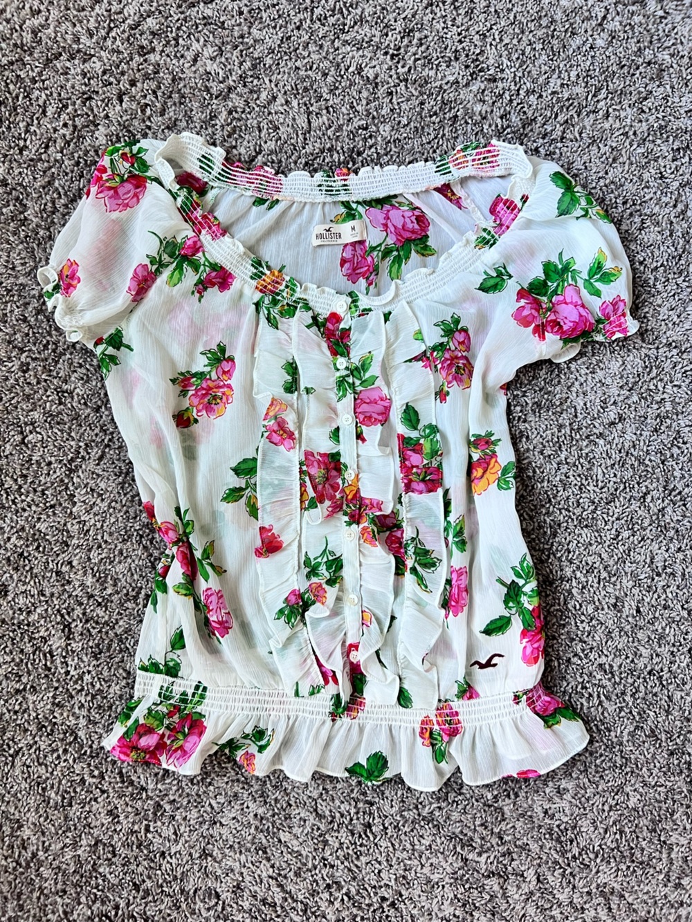 Hollister White Floral Ruffle Button-Up Blouse